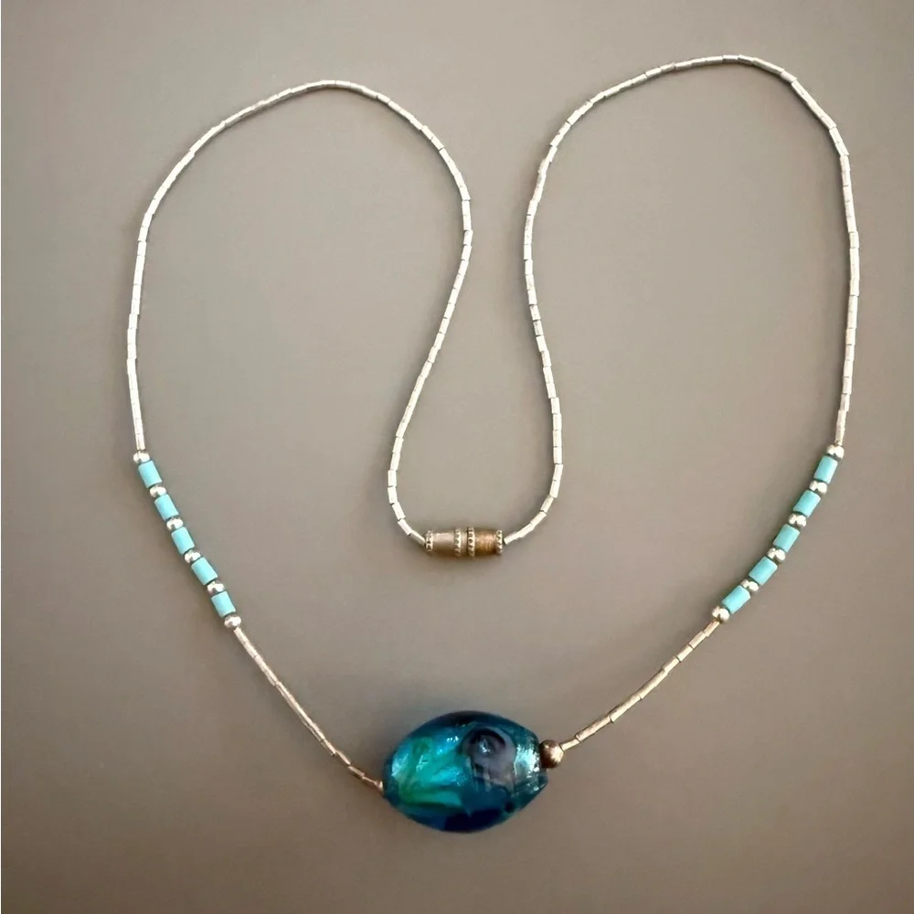 Southwestern Liquid Silver Turquoise Murano Glass Necklace